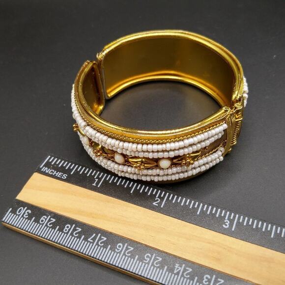 Vintage Beaded Mesh Gold Tone Hinged Bracelet, India Style, 7 1/2 Inches - Picture 7 of 8